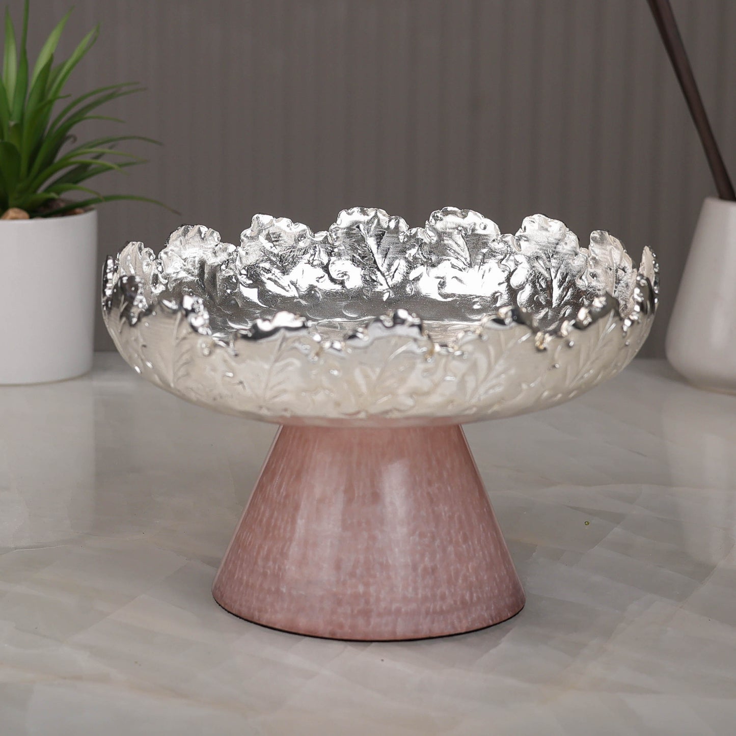 Resin Pink Leaf Platter with Decorative Stand – Elegant Table Accent | 4.75 inch