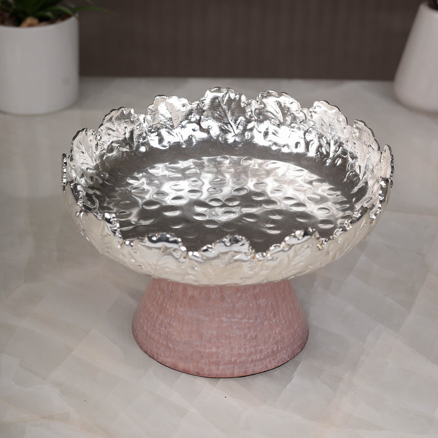 Resin Pink Leaf Platter with Decorative Stand – Elegant Table Accent | 4.75 inch