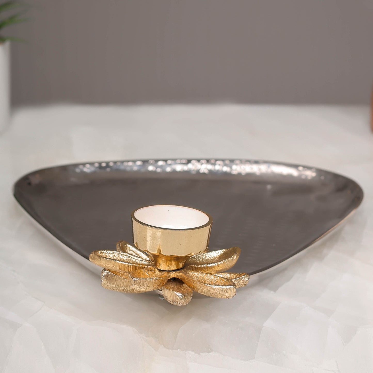 Triangular Brass Plate with Lotus Tealight Holder – Elegant Decorative Tray