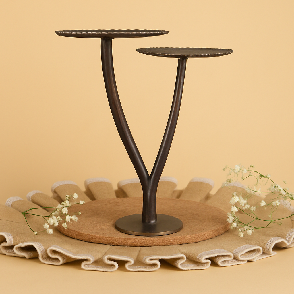 Decorative metal stand with round base on a beige background