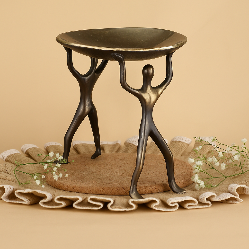 Bronze sculpture of two figures holding a round table on a beige background