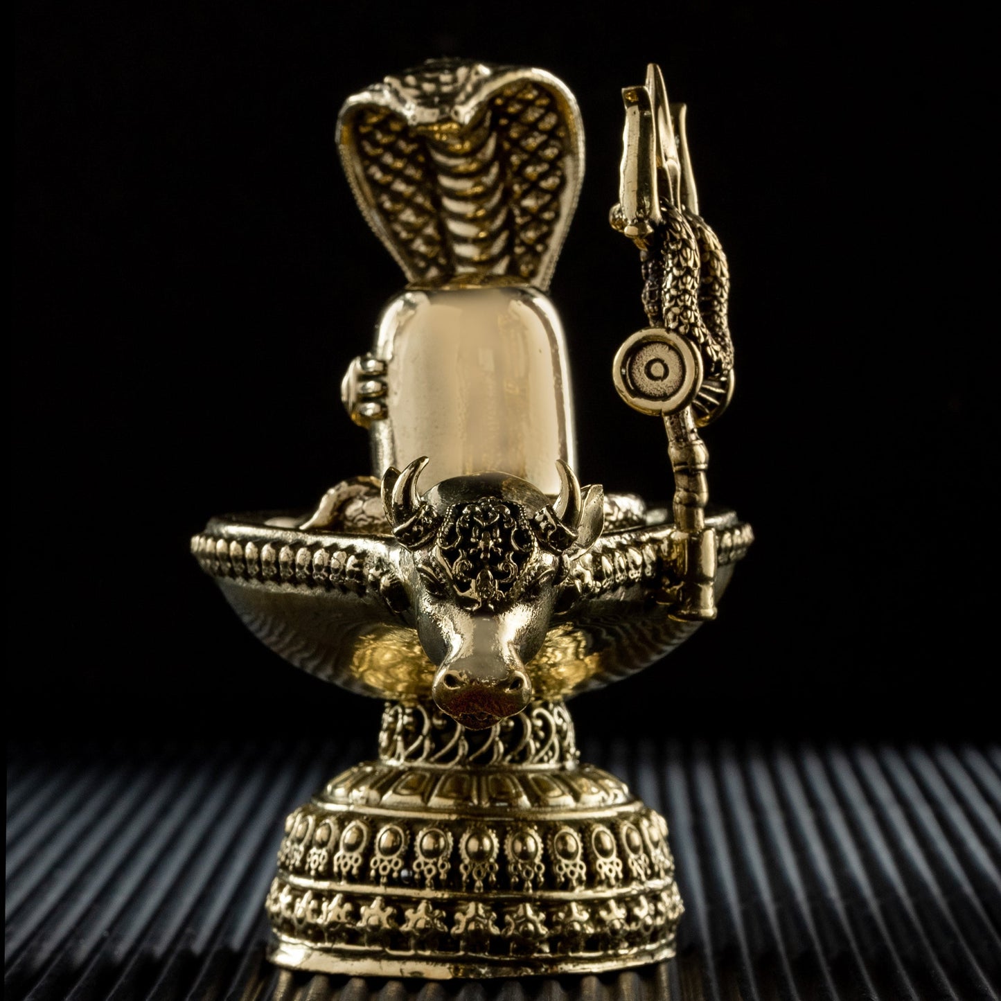 Small Brass Nandi Mukh Shivalinga with Protecting Naag and Trishul