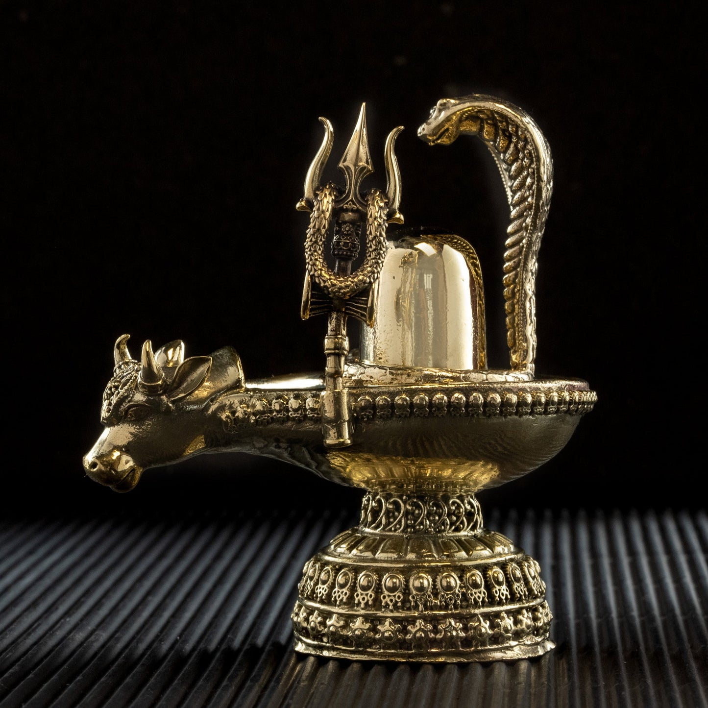 Small Brass Nandi Mukh Shivalinga with Protecting Naag and Trishul