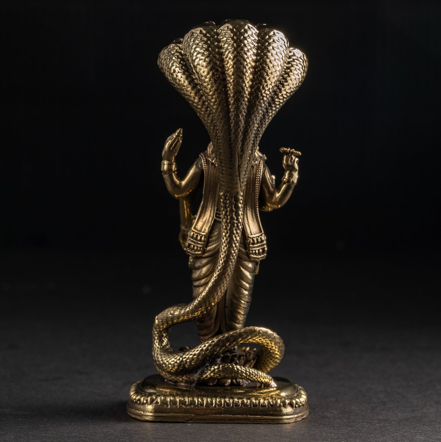 Bronze sculpture of a snake-like creature on a black background