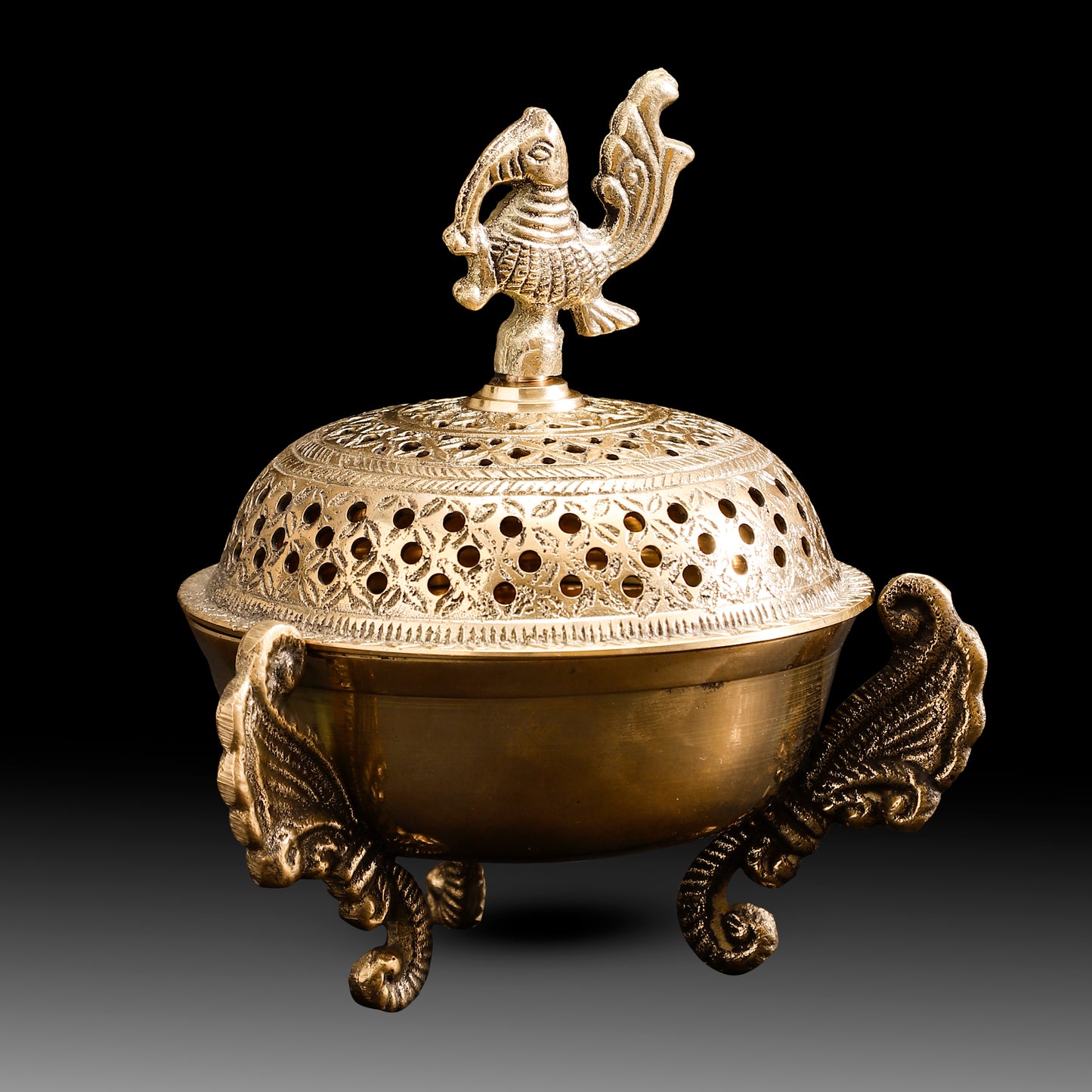 Antique Brass Peacock Dhoop Dani – Handcrafted Incense Burner with Ornate Legs and Perforated Dome
