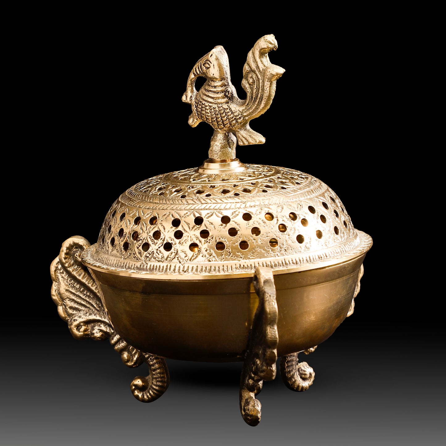 Antique Brass Peacock Dhoop Dani – Handcrafted Incense Burner with Ornate Legs and Perforated Dome