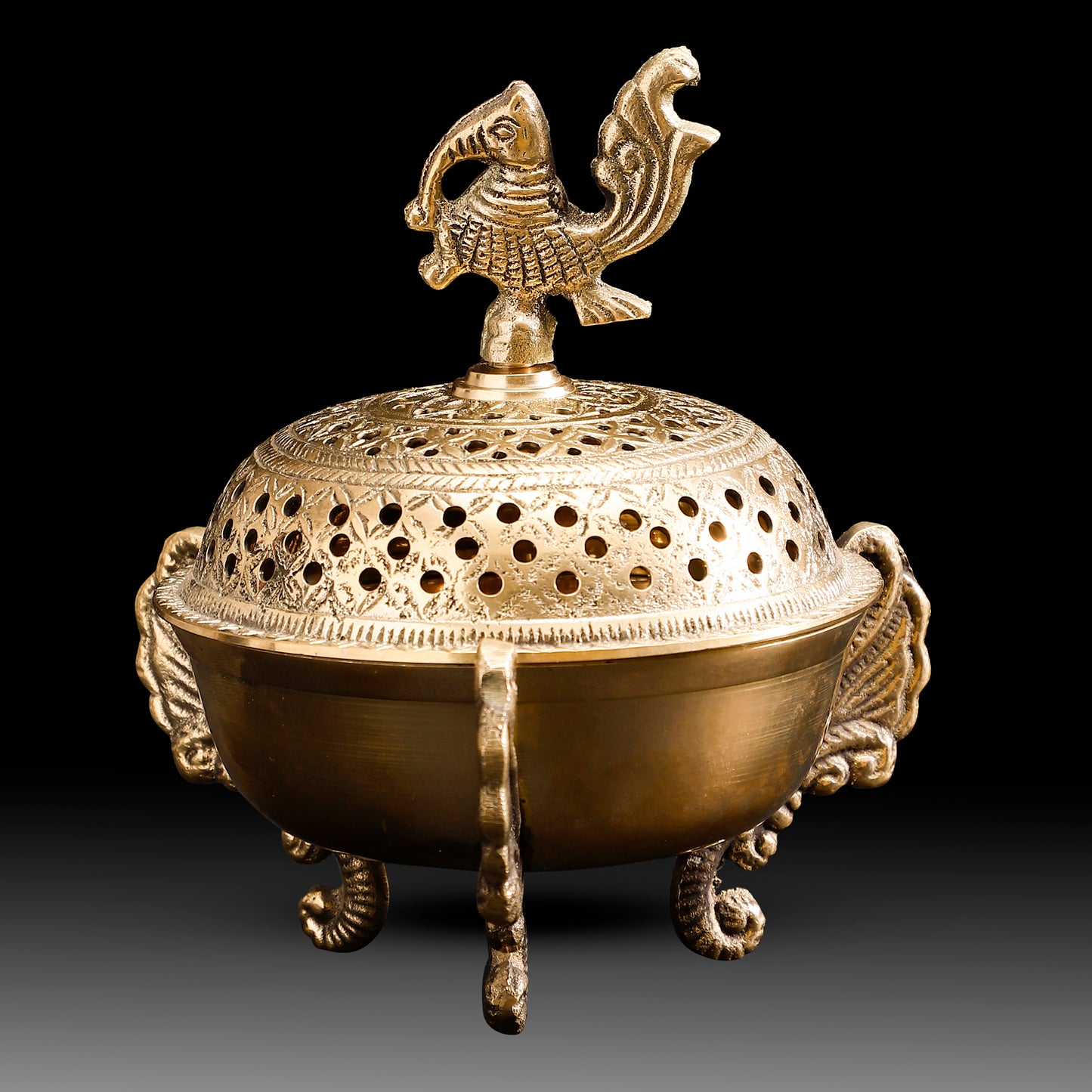 Antique Brass Peacock Dhoop Dani – Handcrafted Incense Burner with Ornate Legs and Perforated Dome