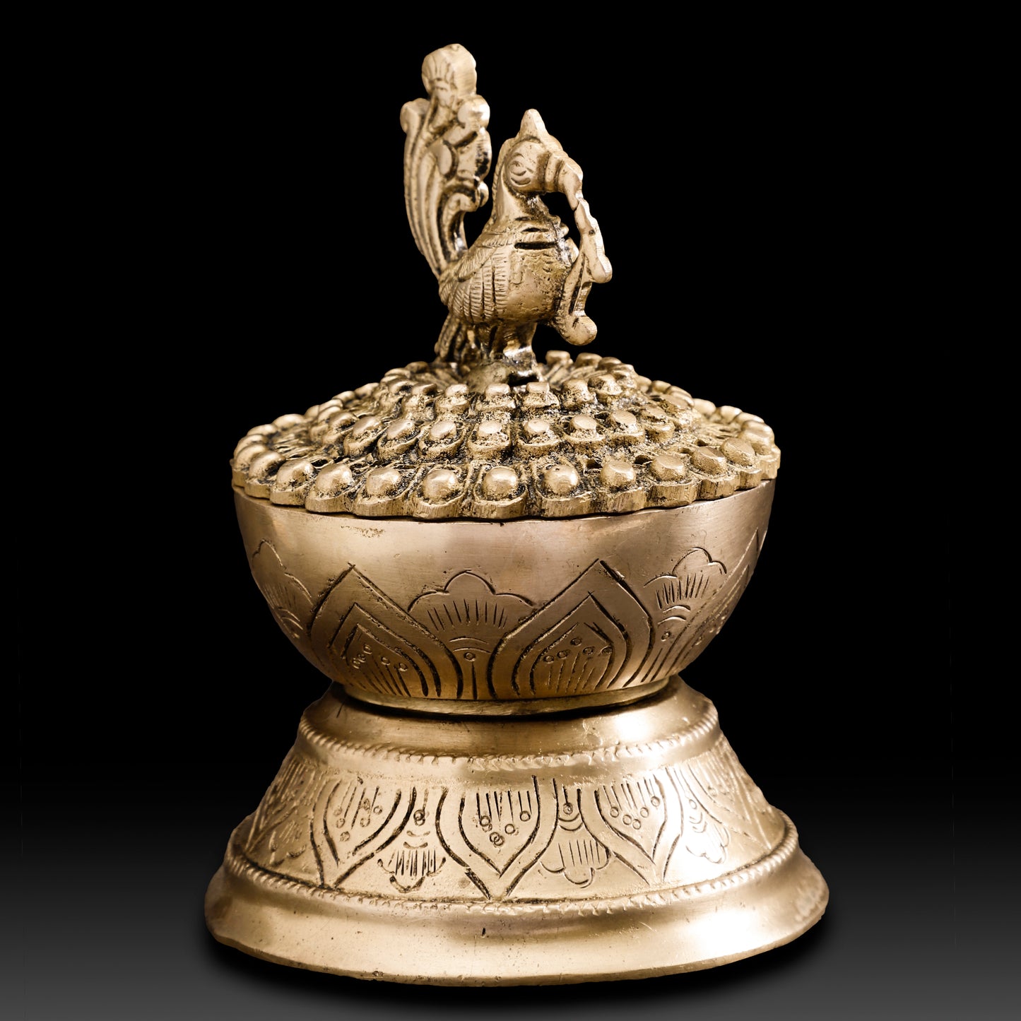 Handcrafted Brass Peacock Dhoop Dani with Studded Dome – Traditional Lotus-Inspired Incense Burner