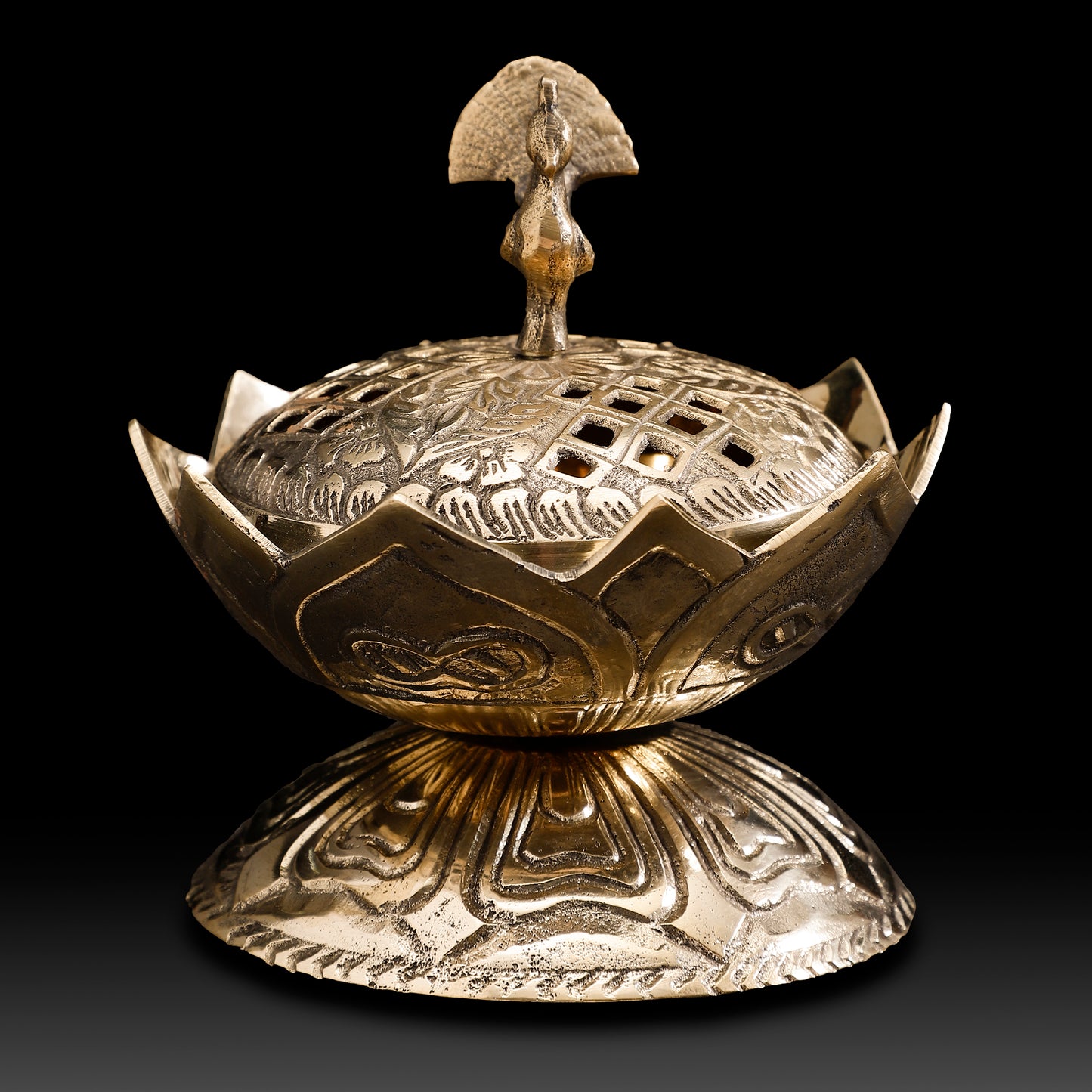 Handcrafted Brass Lotus Peacock Dhoop Dani – Traditional Incense Burner with Floral & Bird Motifs