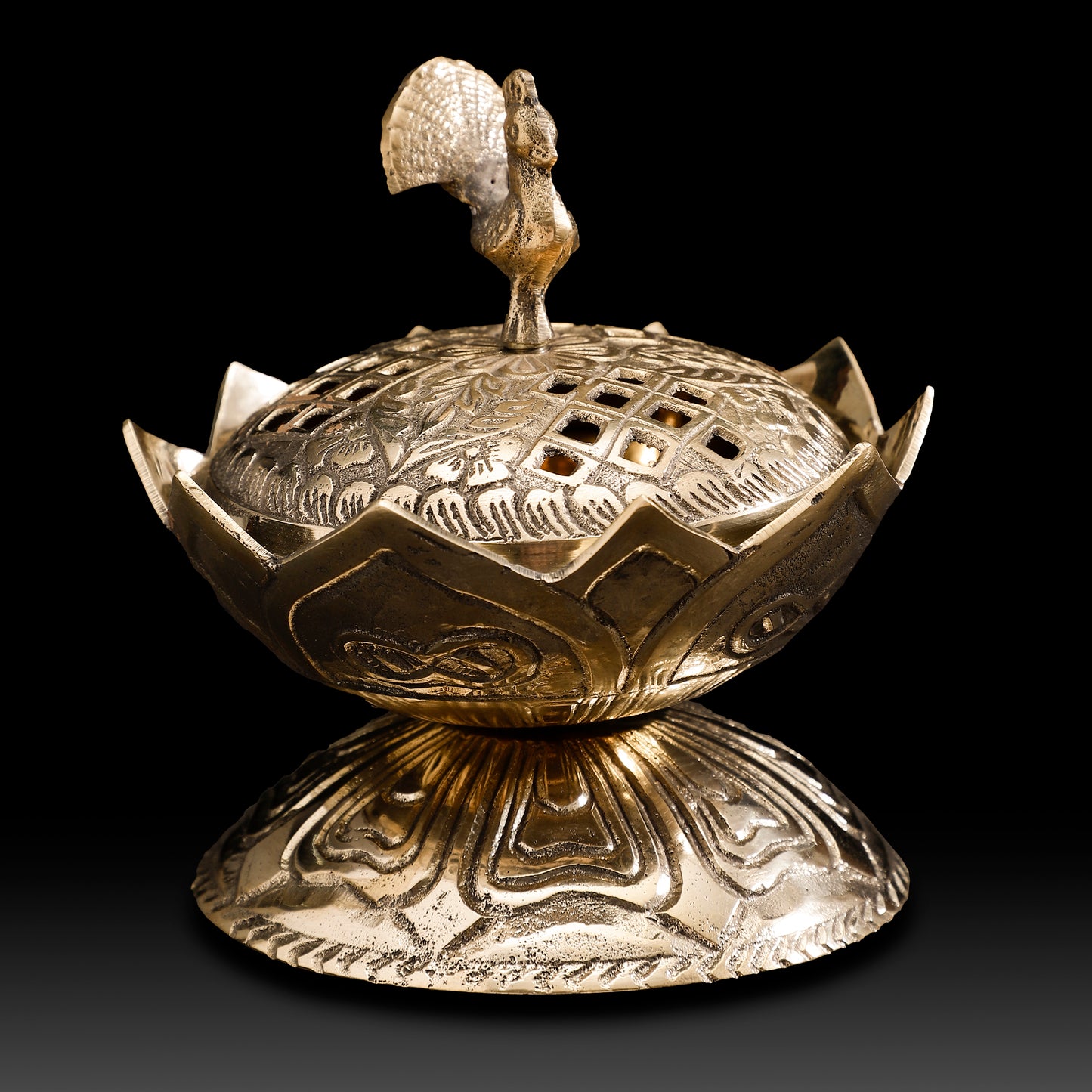 Handcrafted Brass Lotus Peacock Dhoop Dani – Traditional Incense Burner with Floral & Bird Motifs