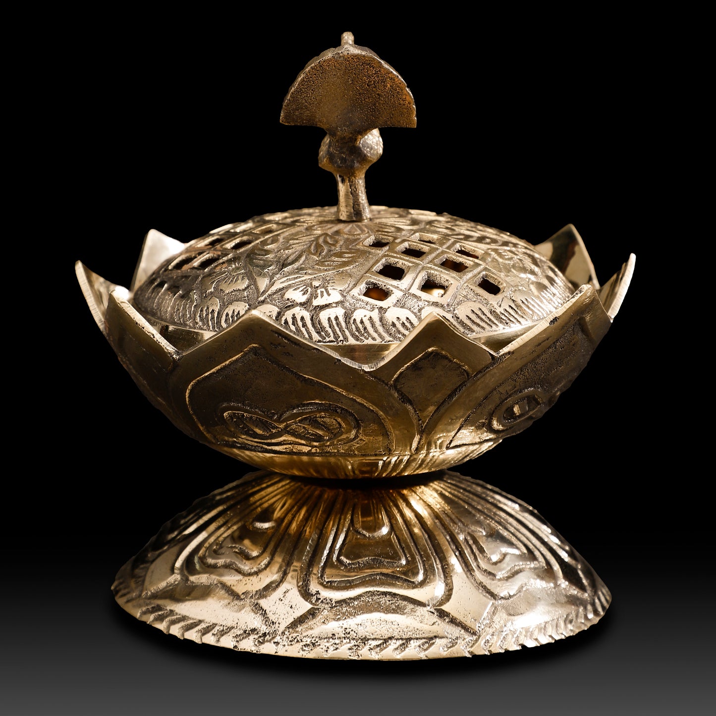 Handcrafted Brass Lotus Peacock Dhoop Dani – Traditional Incense Burner with Floral & Bird Motifs