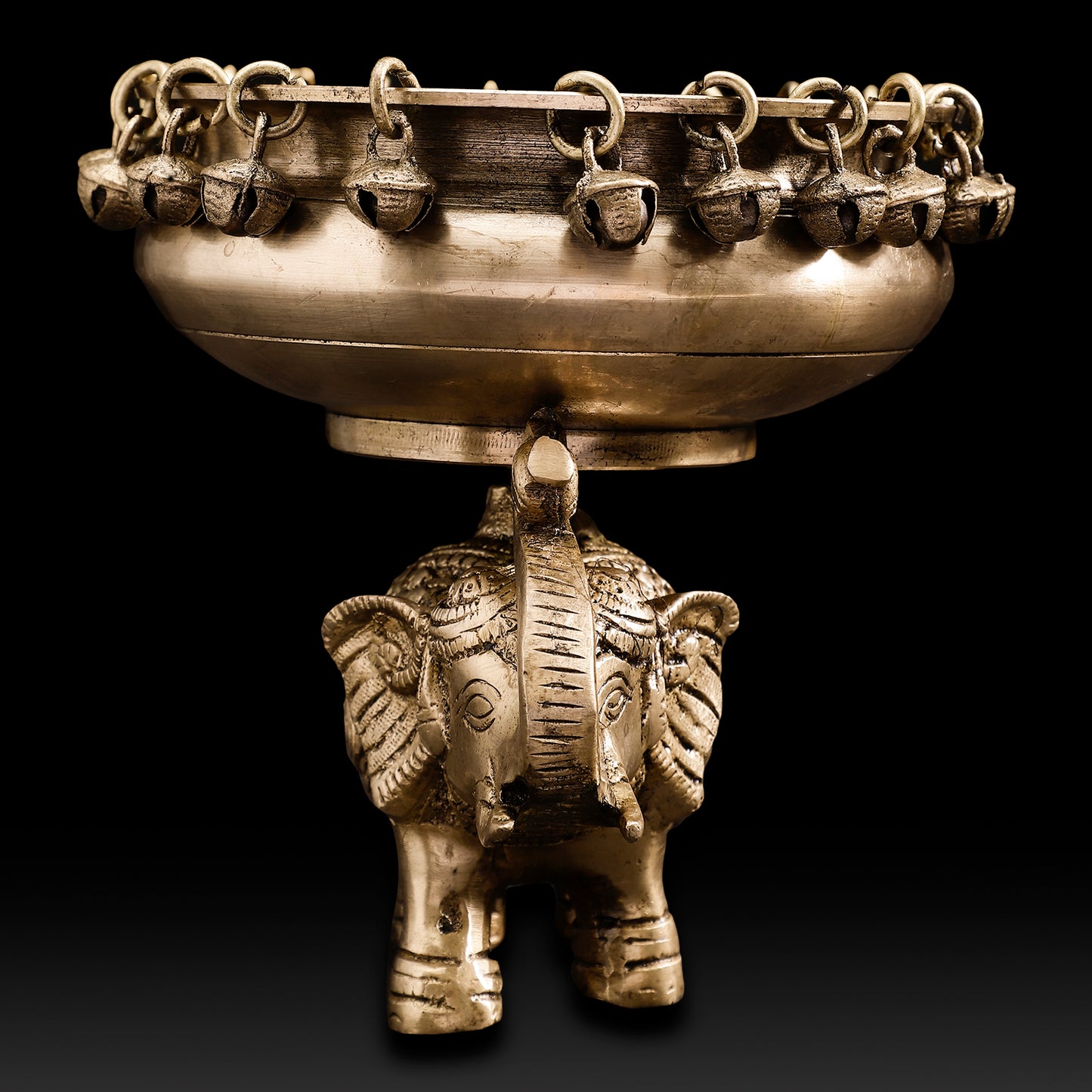 Handcrafted Brass Elephant Urli Bowl with Bells – Traditional Indian Festive Décor for Home & Temple