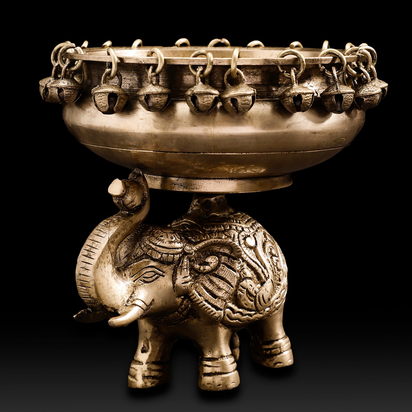Handcrafted Brass Elephant Urli Bowl with Bells – Traditional Indian Festive Décor for Home & Temple