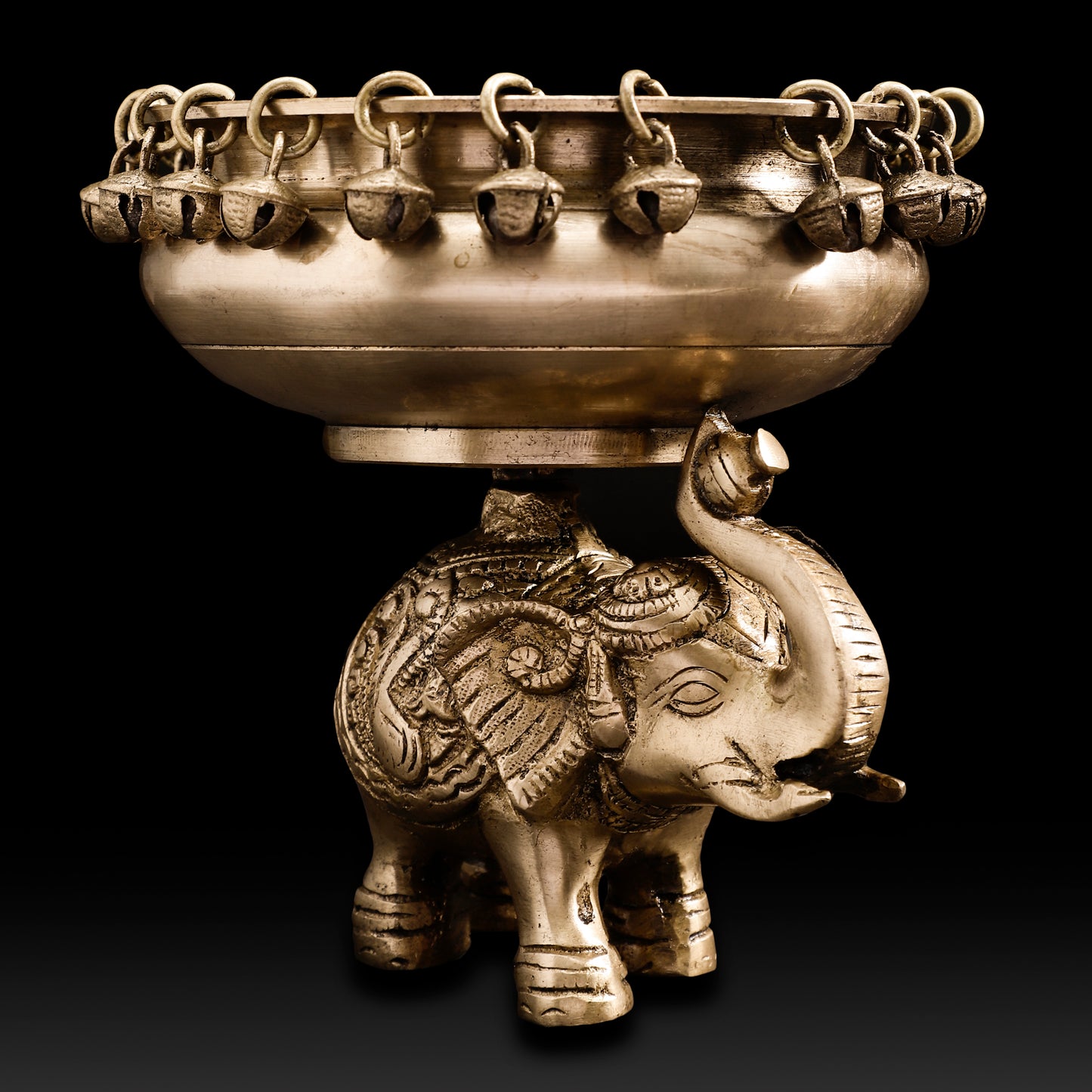 Handcrafted Brass Elephant Urli Bowl with Bells – Traditional Indian Festive Décor for Home & Temple
