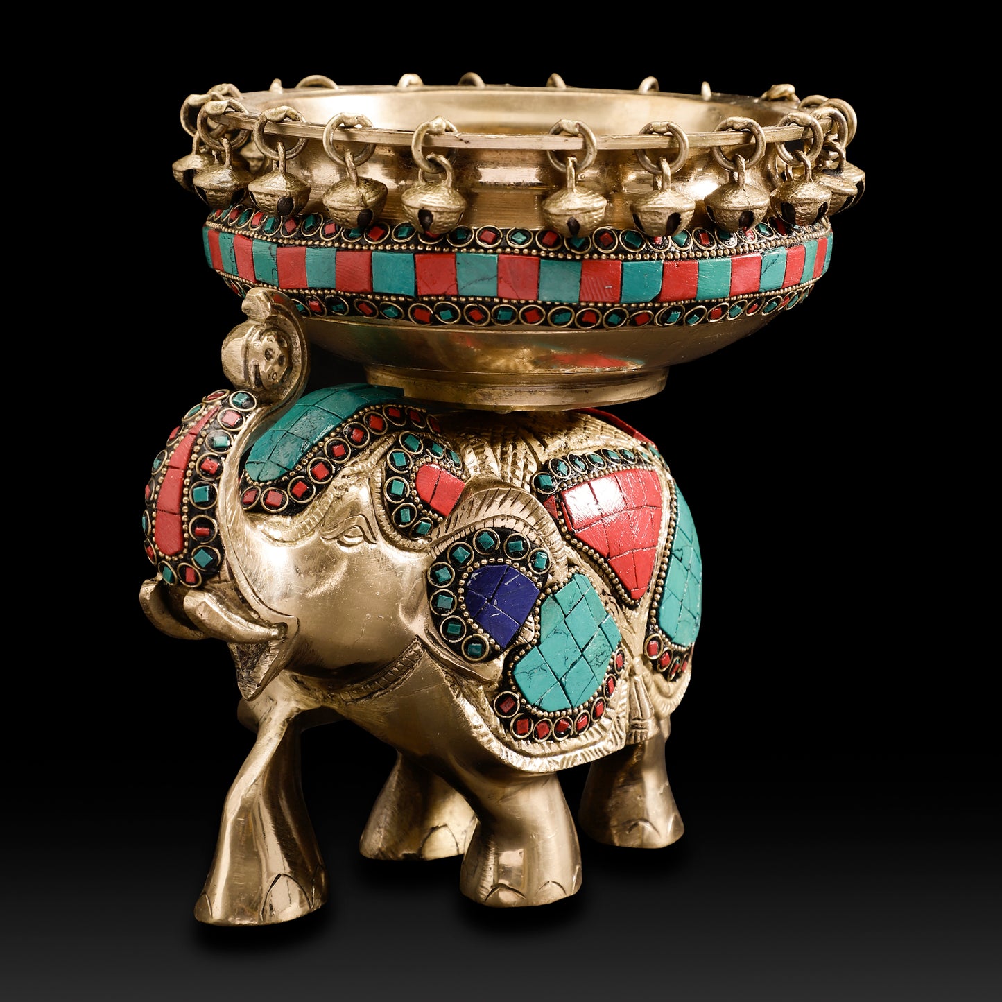 Traditional Brass Elephant Urli with Hanging Bells – Auspicious Home & Festive Décor Bowl