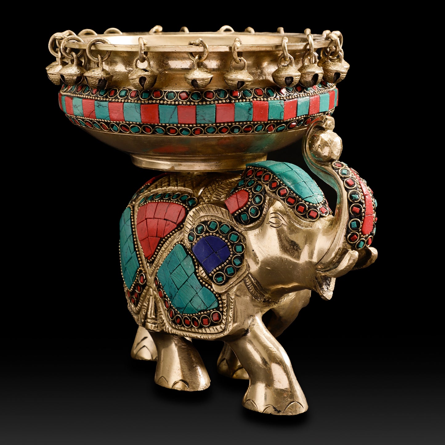 Traditional Brass Elephant Urli with Hanging Bells – Auspicious Home & Festive Décor Bowl