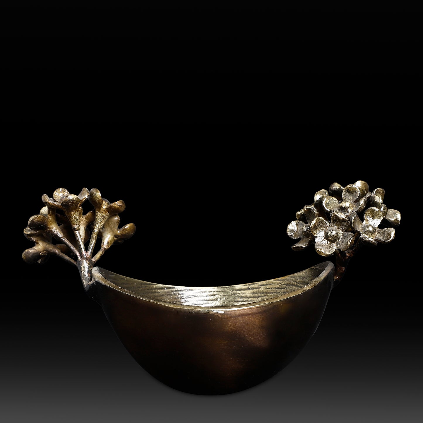 Handcrafted Brass Bowl with Floral Branch – Nature-Inspired Decorative Accent with Hammered Finish