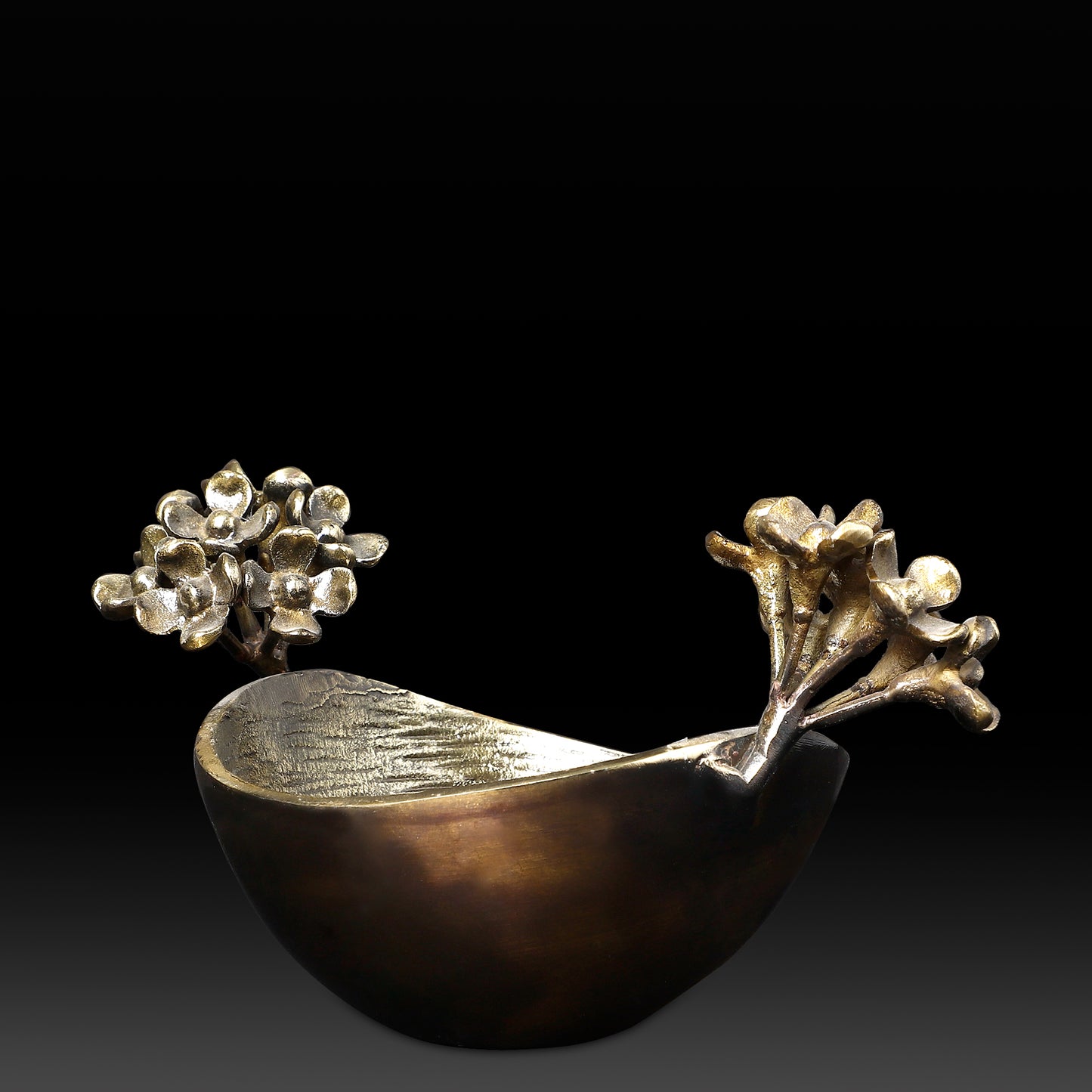 Handcrafted Brass Bowl with Floral Branch – Nature-Inspired Decorative Accent with Hammered Finish