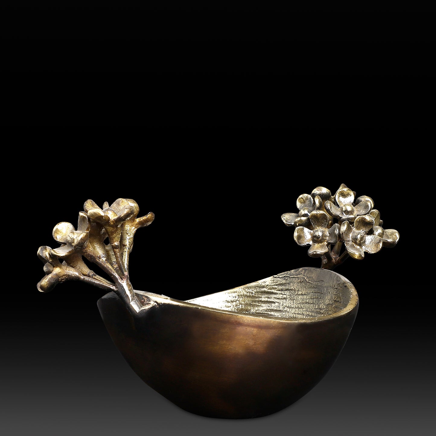 Handcrafted Brass Bowl with Floral Branch – Nature-Inspired Decorative Accent with Hammered Finish