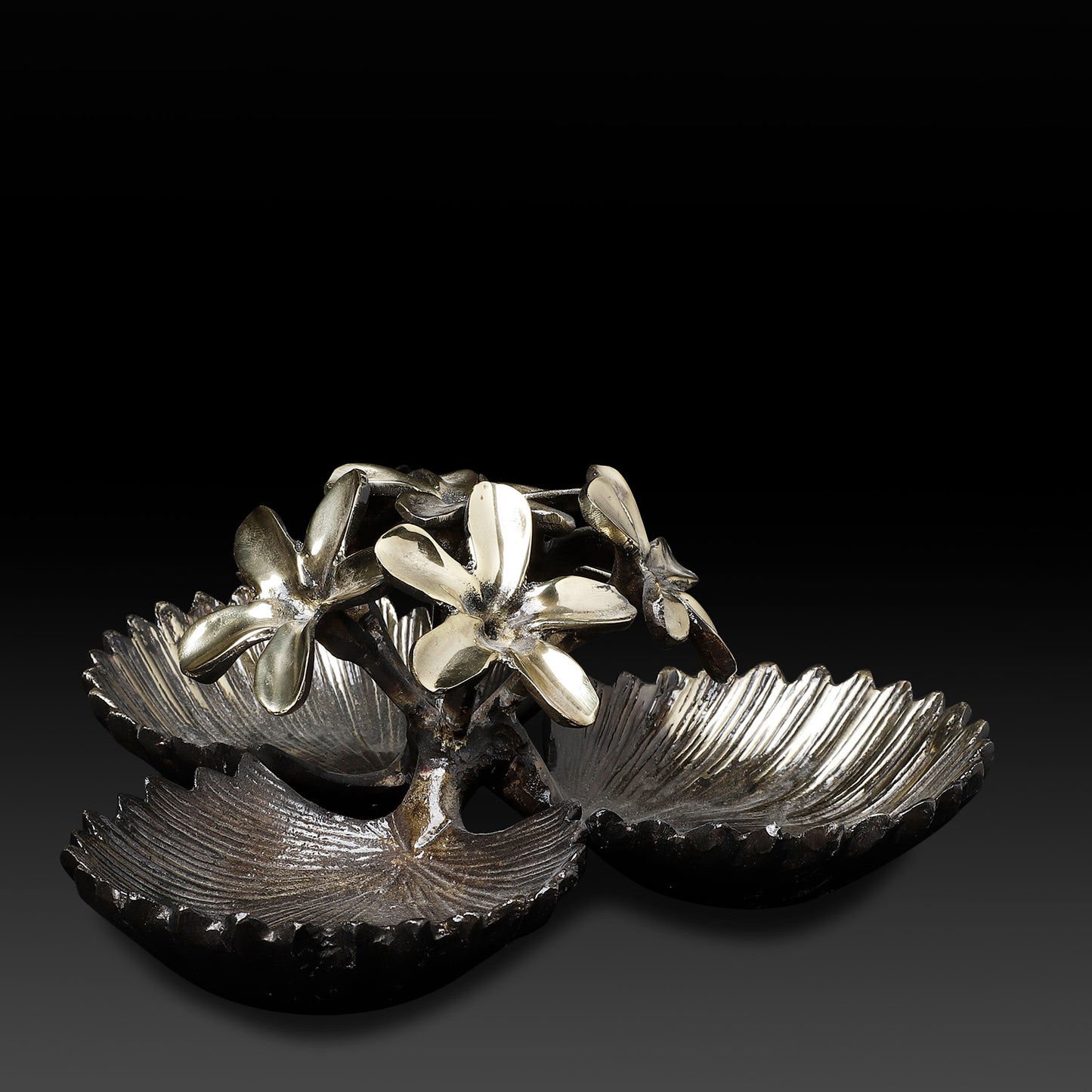 Dual Leaf Brass Bowl with Floral Accent – Handcrafted Ethnic Serve ware & Decorative Pooja Accessory
