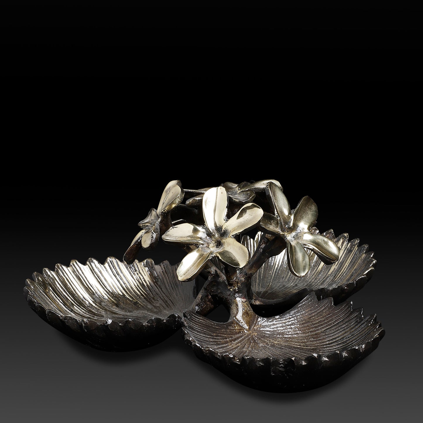 Dual Leaf Brass Bowl with Floral Accent – Handcrafted Ethnic Serve ware & Decorative Pooja Accessory