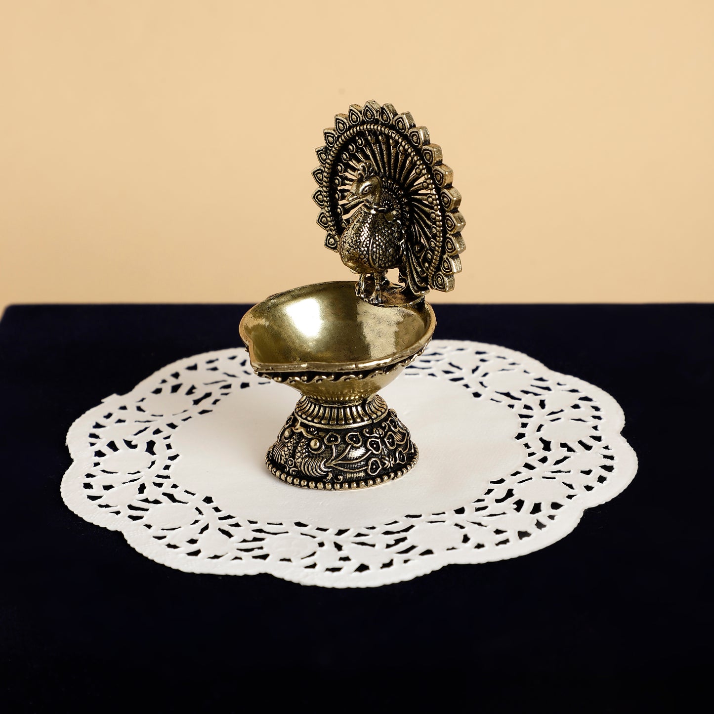 Antique Brass Peacock Diya – Handcrafted Traditional Oil Lamp for Pooja & Festive Decor