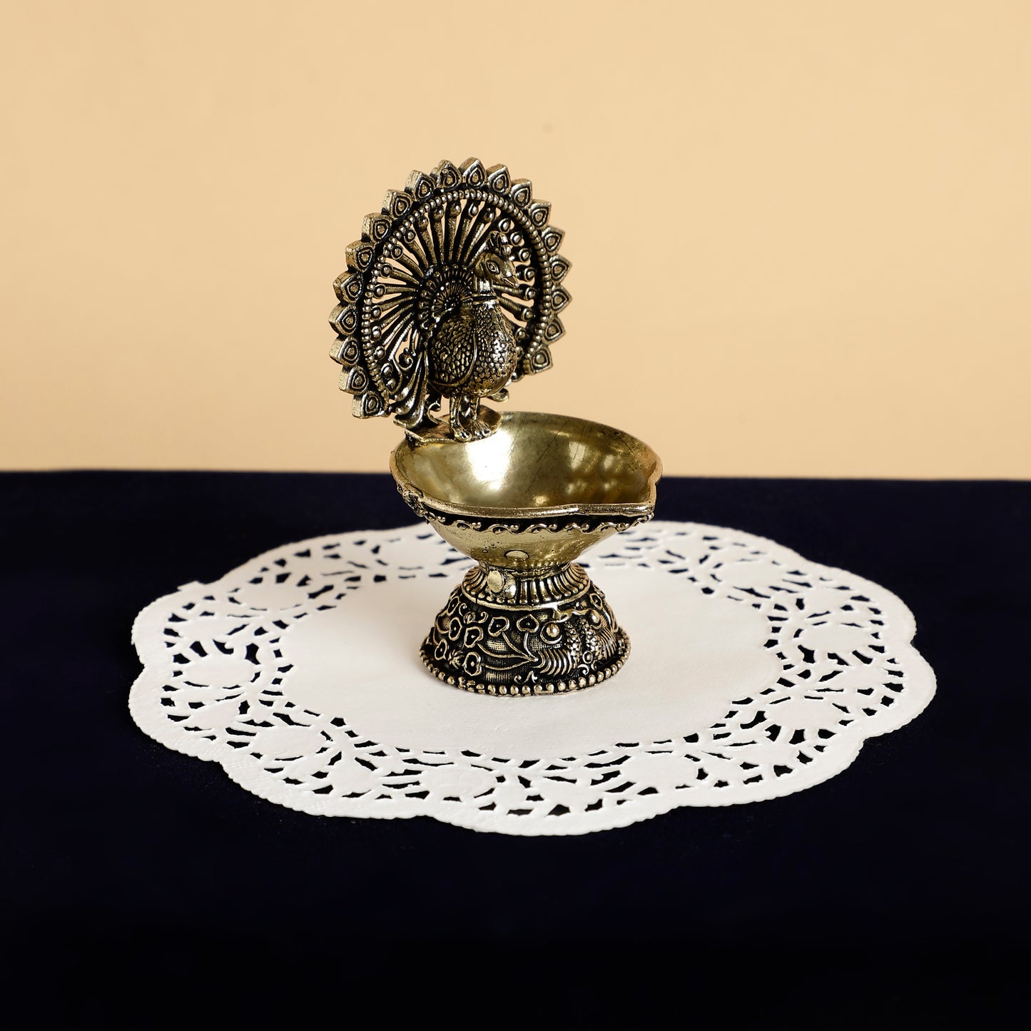 Antique Brass Peacock Diya – Handcrafted Traditional Oil Lamp for Pooja & Festive Decor