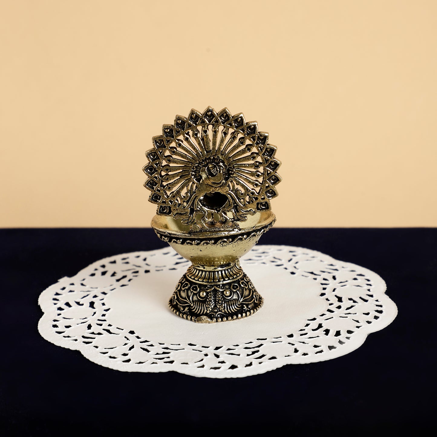 Antique Brass Peacock Diya – Handcrafted Traditional Oil Lamp for Pooja & Festive Decor