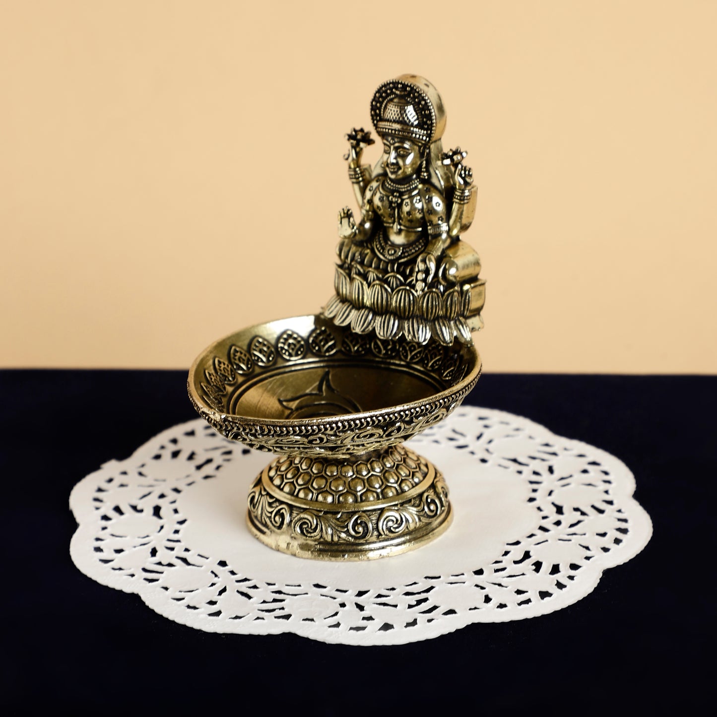 Brass Lakshmi Idol Diya – Antique Finish Handmade Oil Lamp for Pooja Room & Festive Decoration
