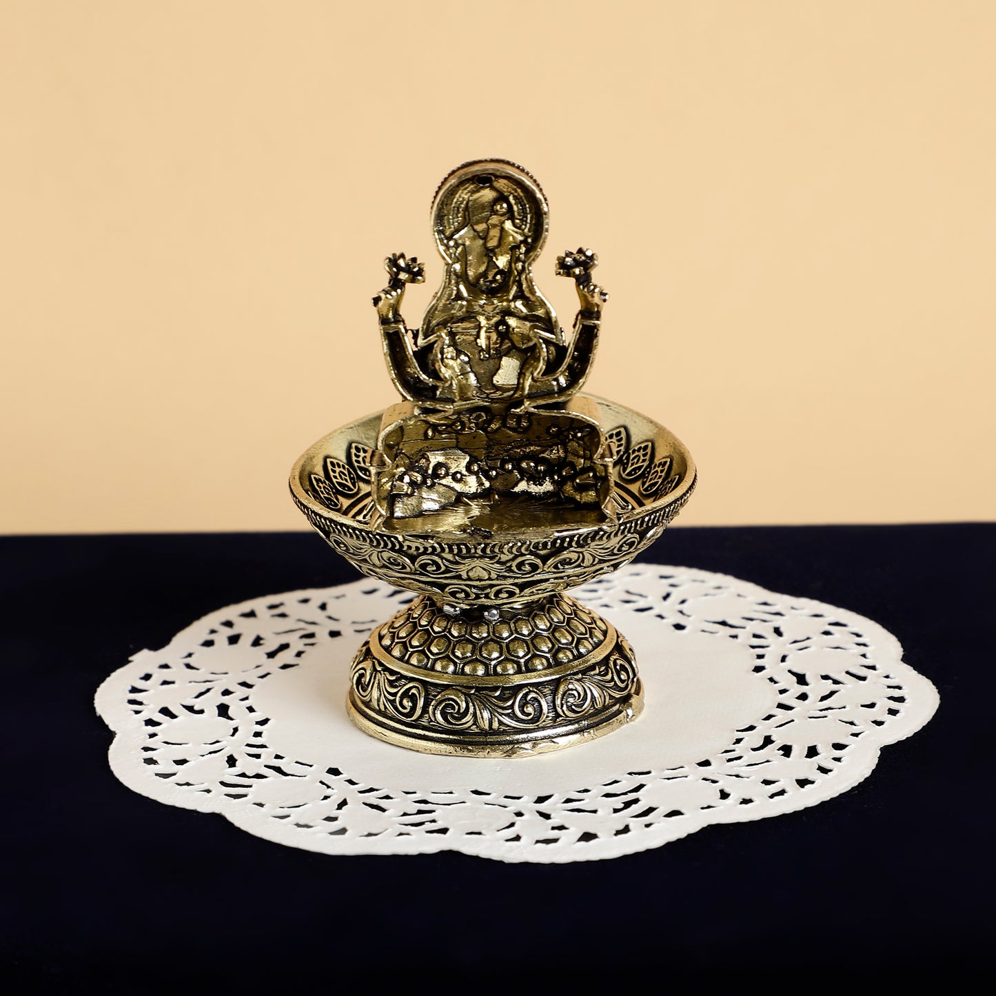 Brass Lakshmi Idol Diya – Antique Finish Handmade Oil Lamp for Pooja Room & Festive Decoration