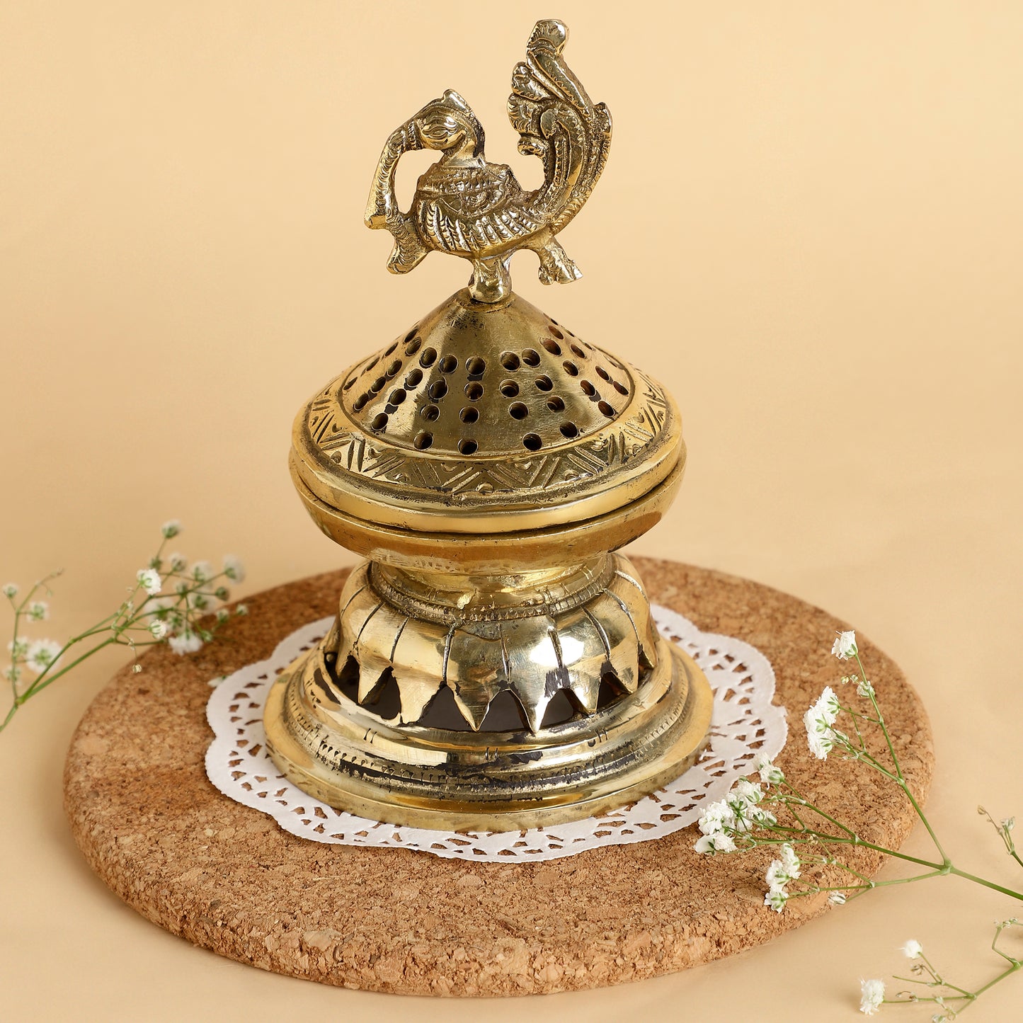 Handcrafted Brass Peacock Incense Burner – Decorative Dhoop Dani with Perforated Lid & Fluted Base for Pooja and Home Décor