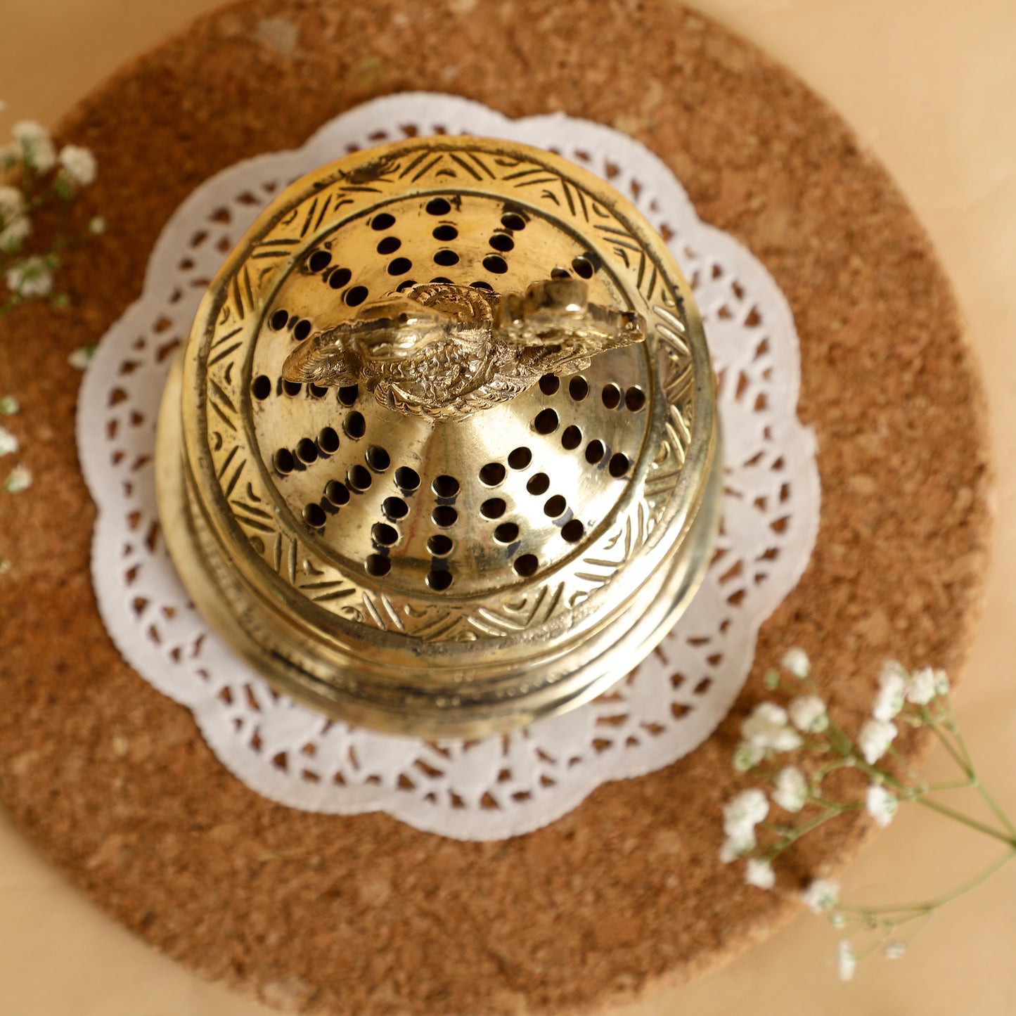 Handcrafted Brass Peacock Incense Burner – Decorative Dhoop Dani with Perforated Lid & Fluted Base for Pooja and Home Décor
