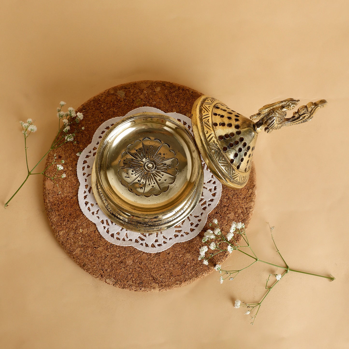 Handcrafted Brass Peacock Incense Burner – Decorative Dhoop Dani with Perforated Lid & Fluted Base for Pooja and Home Décor