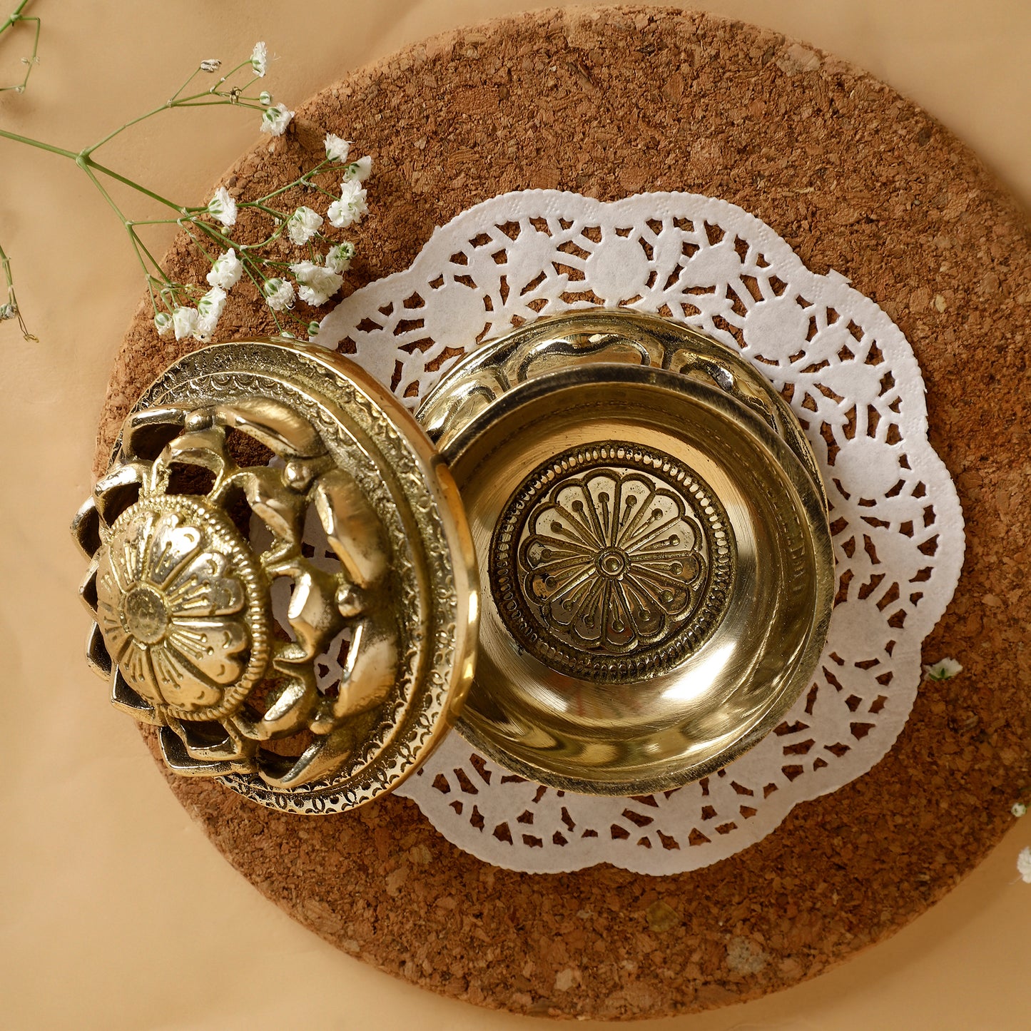 Antique Brass Lotus Dhoop Burner – Handcrafted Incense Holder with Openwork Floral Design for Pooja & Return Gifting