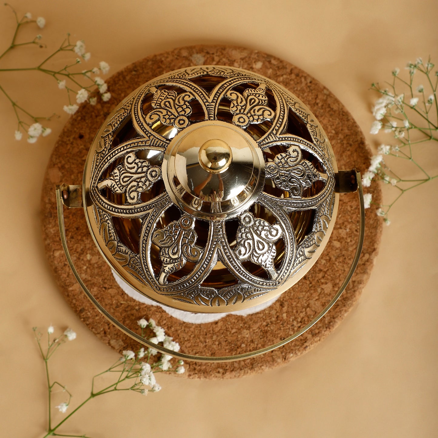 Pure Brass Hanging Loban Dhoop Dani – Handcrafted Floral Incense Burner & Tea Light Holder with Handle