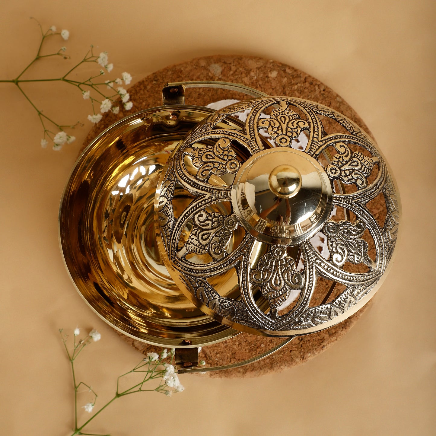 Pure Brass Hanging Loban Dhoop Dani – Handcrafted Floral Incense Burner & Tea Light Holder with Handle