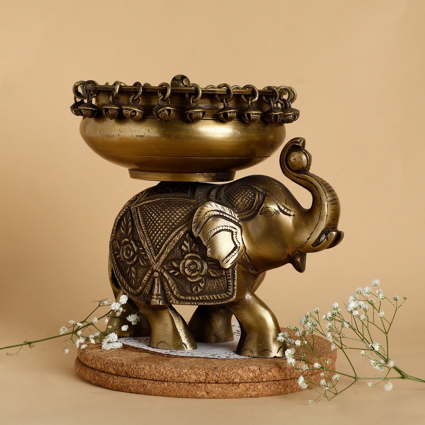 Traditional Handcrafted Brass Elephant Urli Bowl – Indian Decorative Vessel for Vaastu & Festive Home Décor