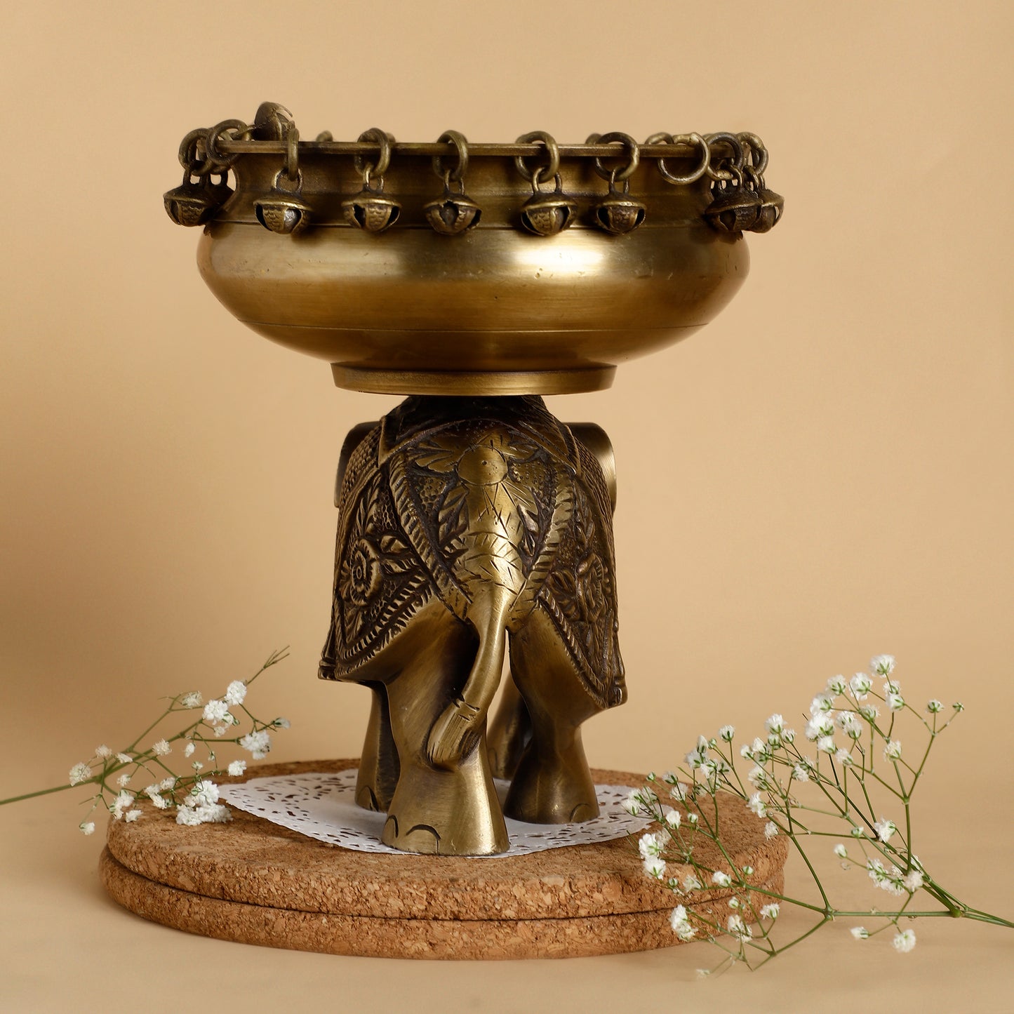 Traditional Handcrafted Brass Elephant Urli Bowl – Indian Decorative Vessel for Vaastu & Festive Home Décor