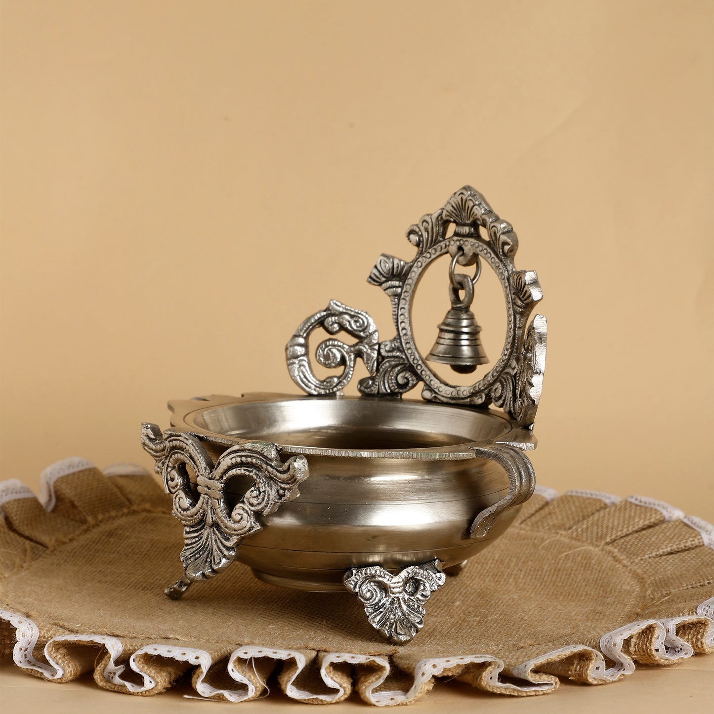 Antique-Style Silver Brass Urli Bowl with Bell – Decorative Floral Vessel for Pooja & Festive Gifting