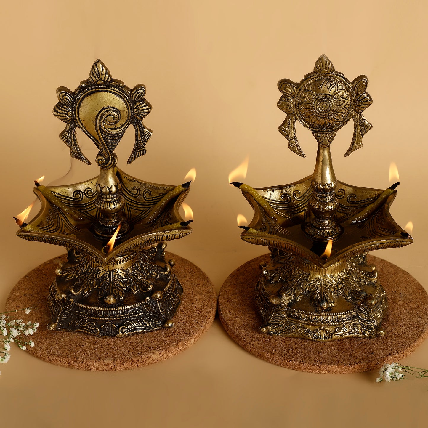 Set of 2 Panchmukhi Brass Oil Lamps – Traditional Five-Spout Diyas for Puja & Festive Décor