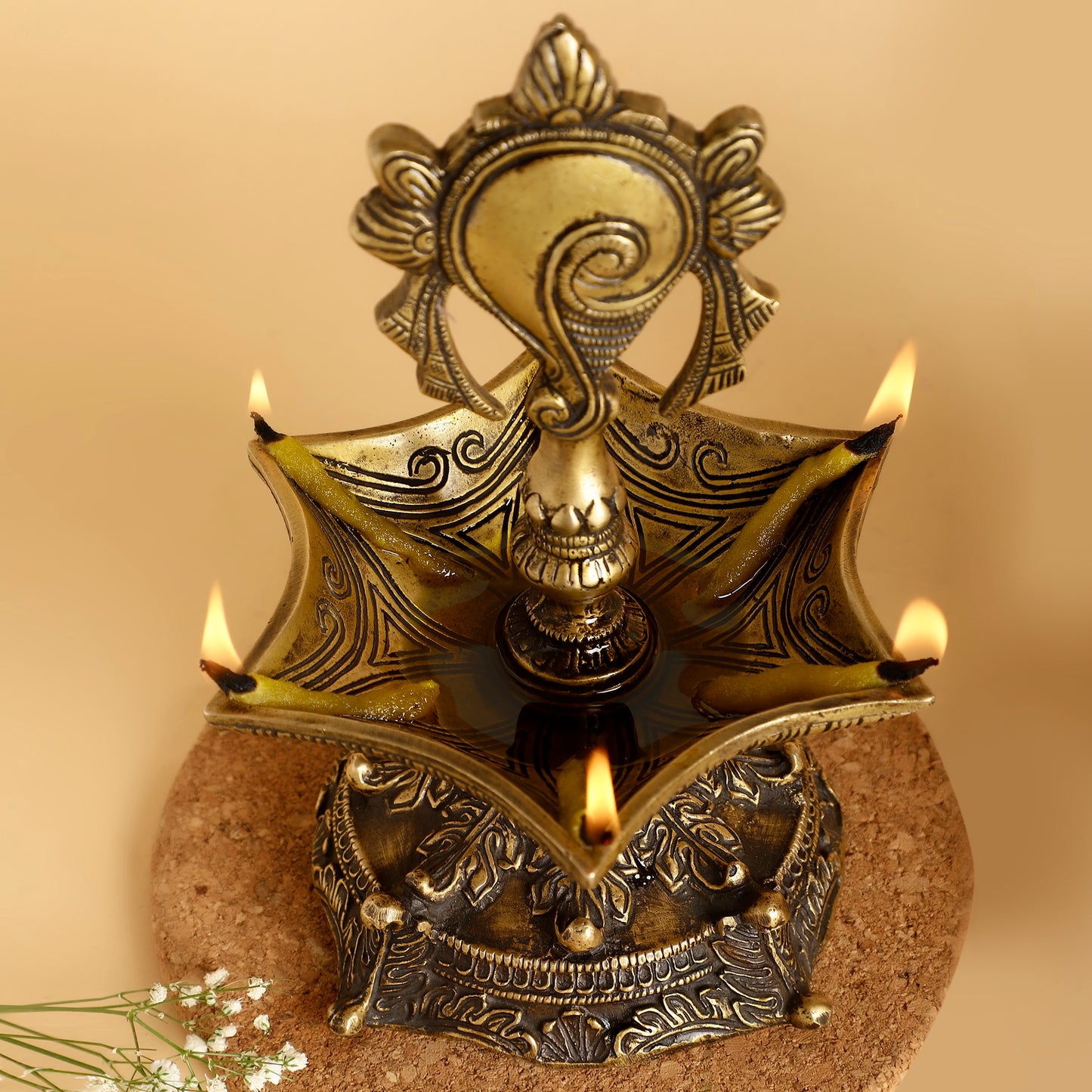 Set of 2 Panchmukhi Brass Oil Lamps – Traditional Five-Spout Diyas for Puja & Festive Décor