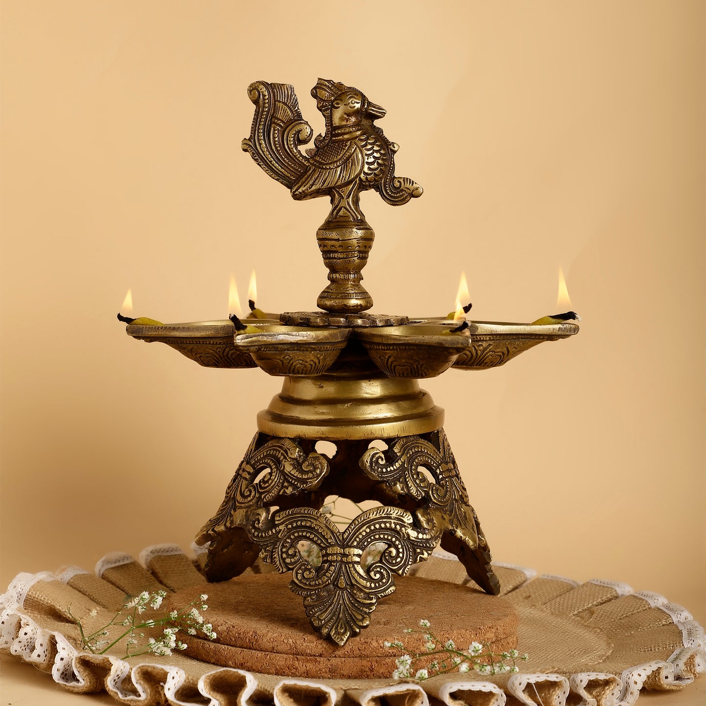Peacock Brass Diya with Stand – Traditional Oil Lamp for Puja, Aarti & Festive Decoration