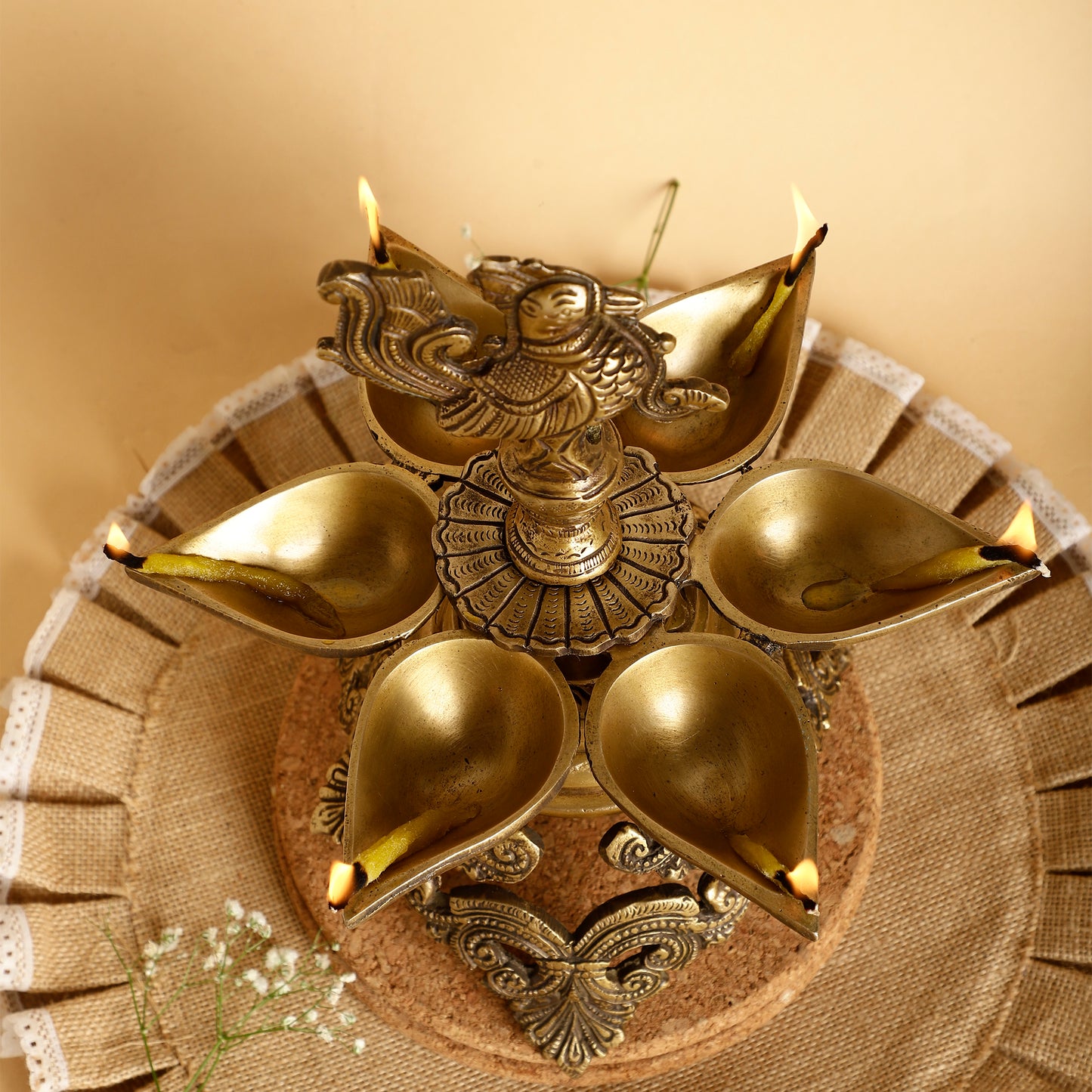 Peacock Brass Diya with Stand – Traditional Oil Lamp for Puja, Aarti & Festive Decoration