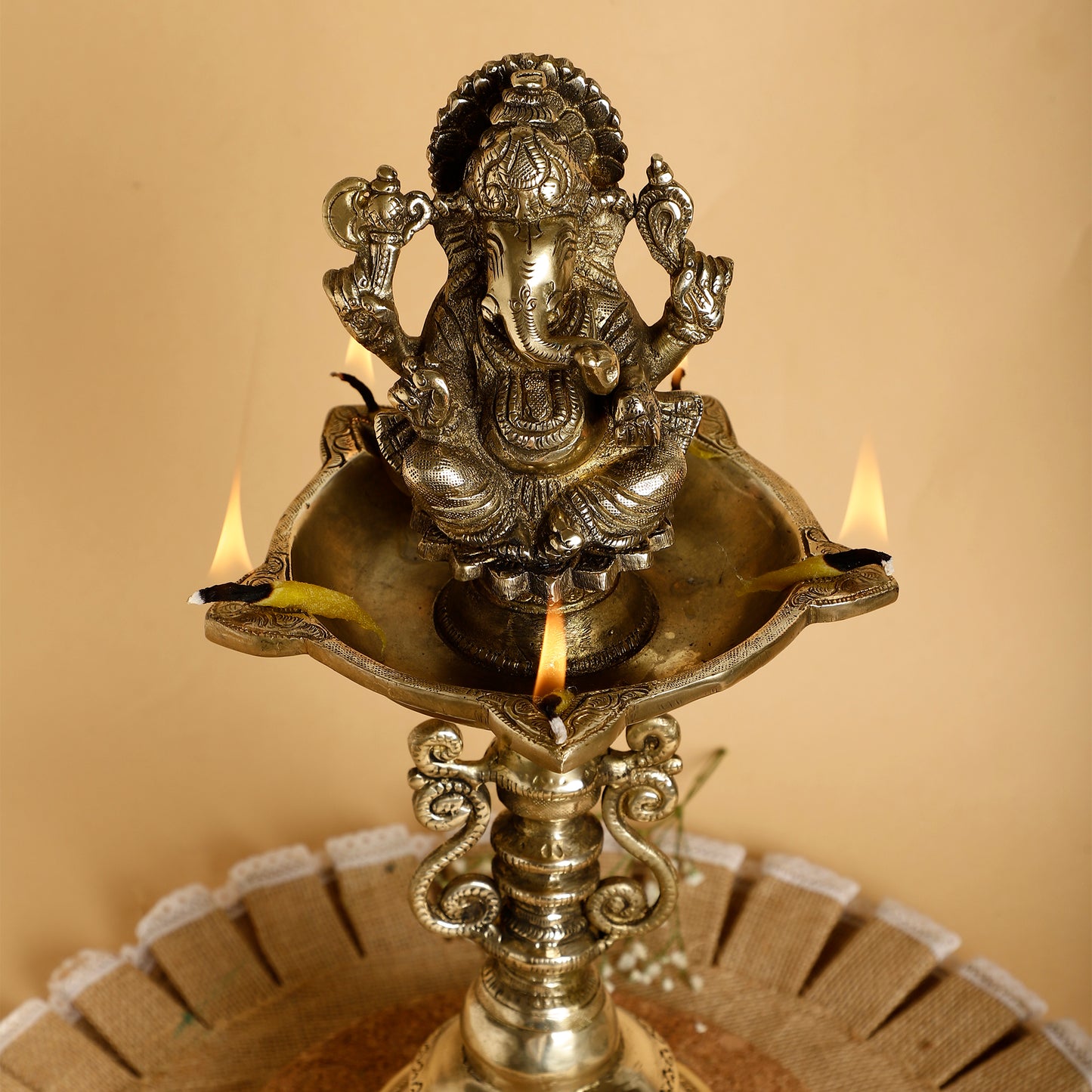 Brass Ganesh Diya – 5-Wick Oil Lamp with Lord Ganesha Idol | Traditional Pooja Deepam for Home Temple & Festivals