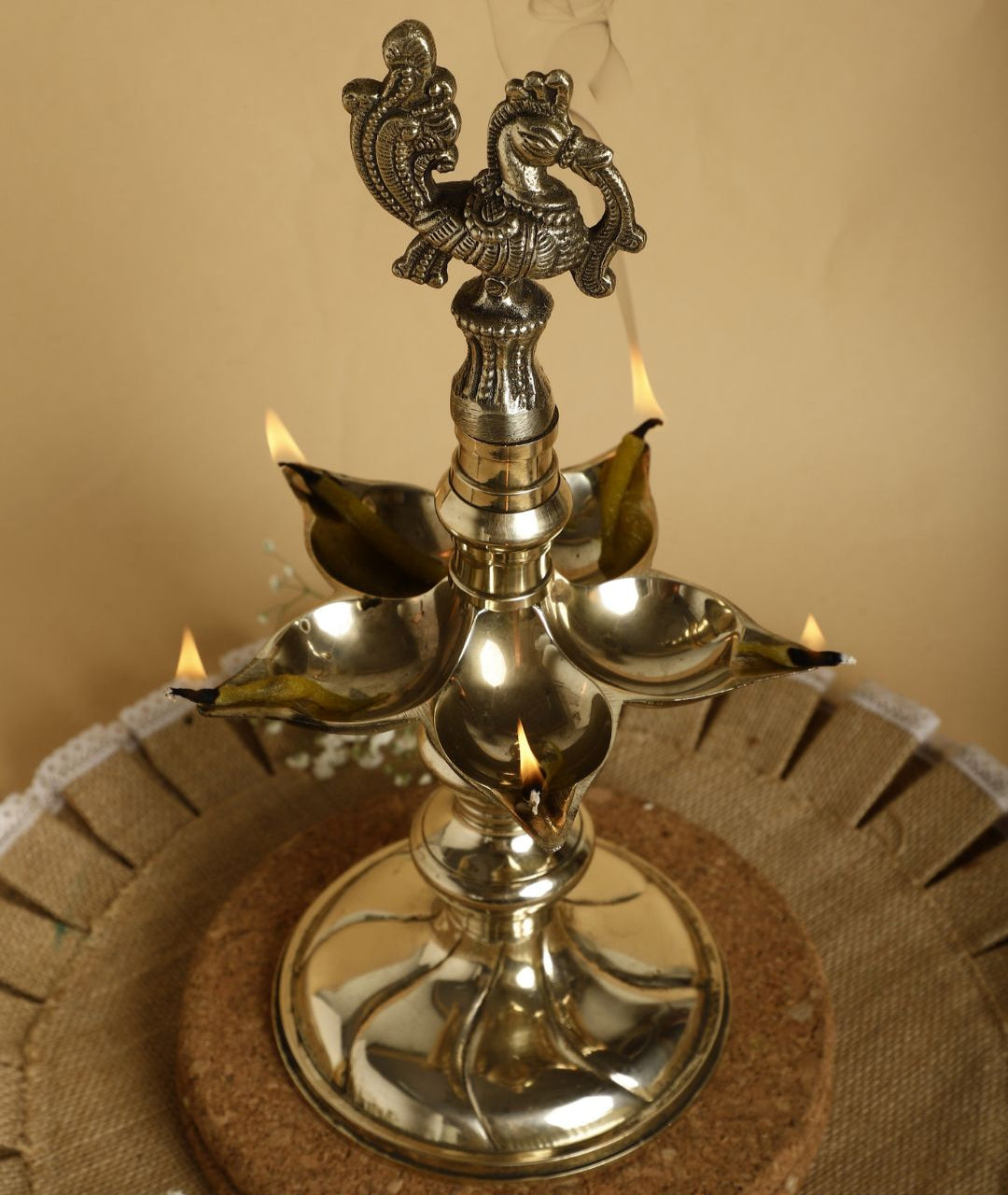 Brass Stand Pillar Diya With Dana Kashi Peacock Design Brass Table Diya