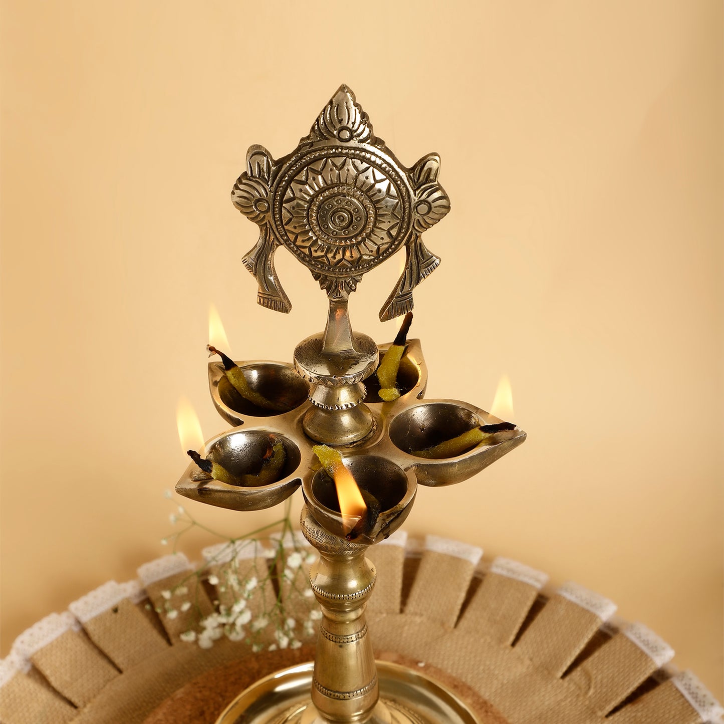Handcrafted Shankh Chakra Brass Diya – Traditional Oil Lamp for Pooja, Festive & Home Decor