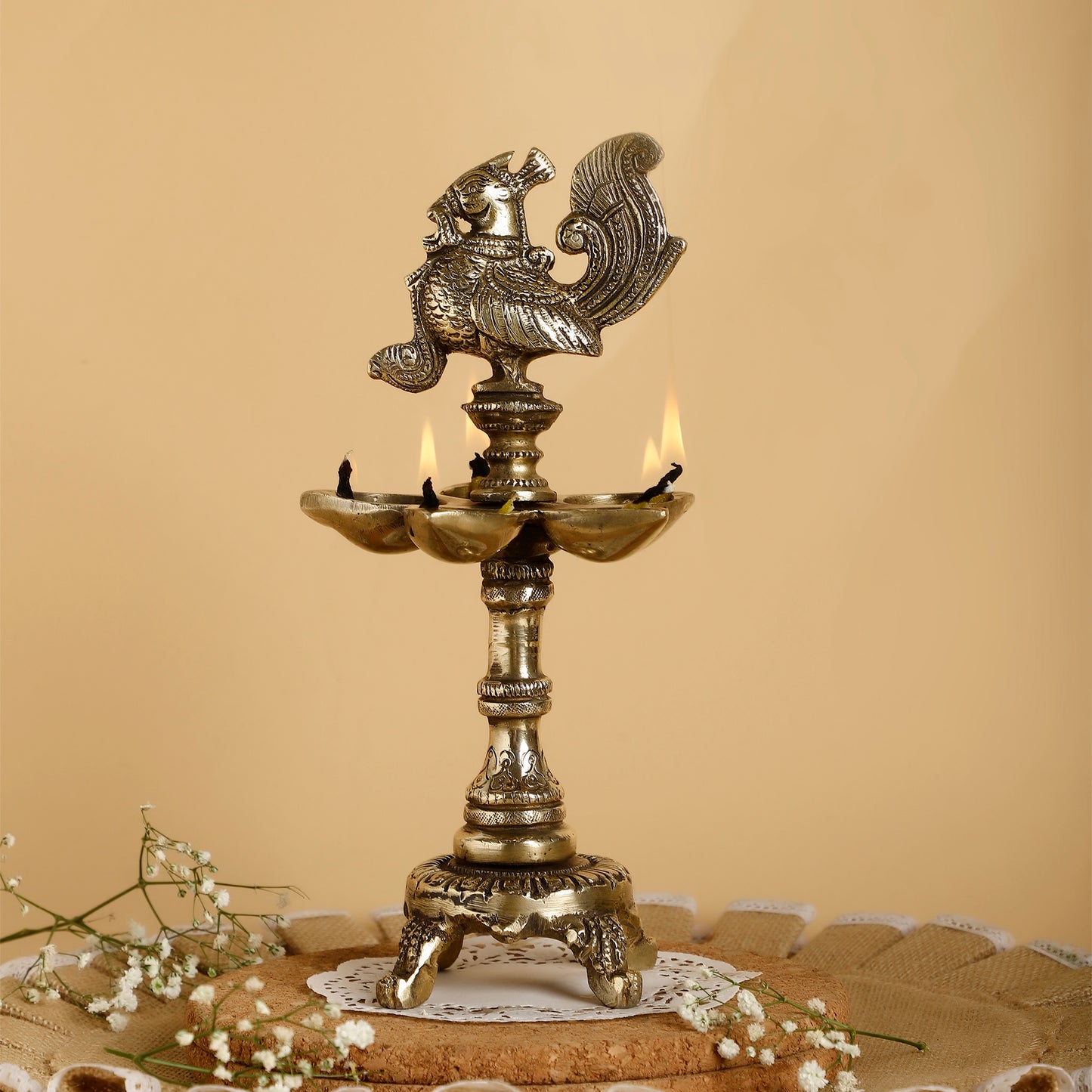 Brass Peacock Design 5-Wick Oil Diya – Traditional Lamp for Home, Temple & Gifting