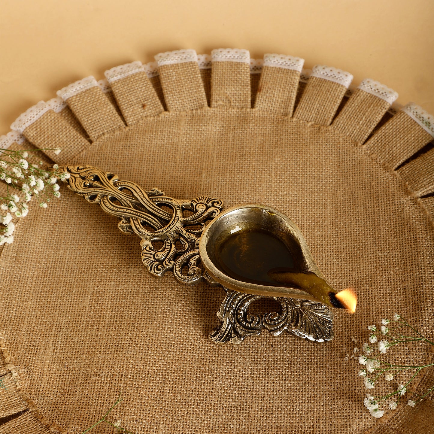Antique Brass Oil Diya with Ornate Handle – Traditional Puja Lamp for Temple & Festive Décor