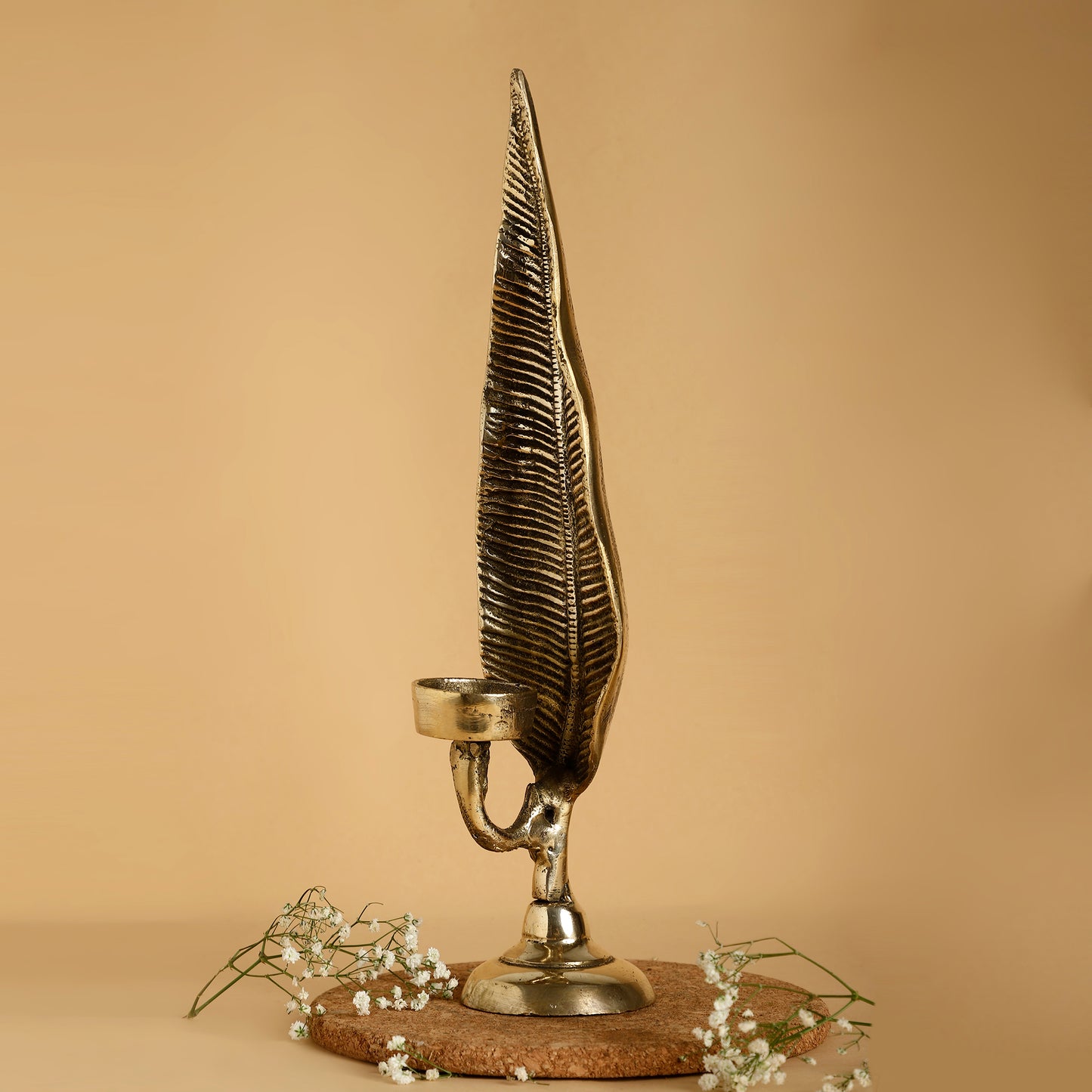 Brass Leaf Diya Holder – Handcrafted Tall Tealight Stand for Diwali, Pooja & Home Décor