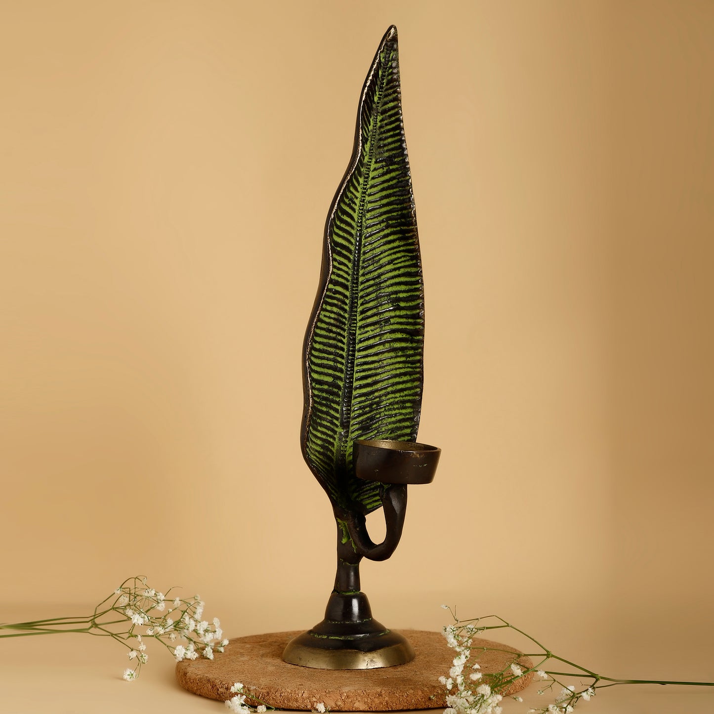 Green Leaf Brass Diya Holder – Handcrafted Tealight Stand with Antique Finish for Pooja & Festive Décor